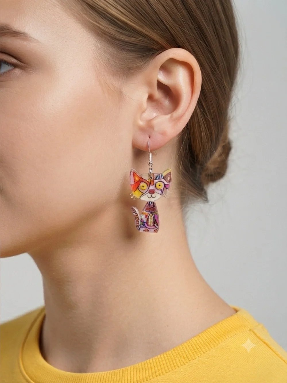 Colorful Cat Earrings | Patchwork Acrylic Mosaic Feline Dangles